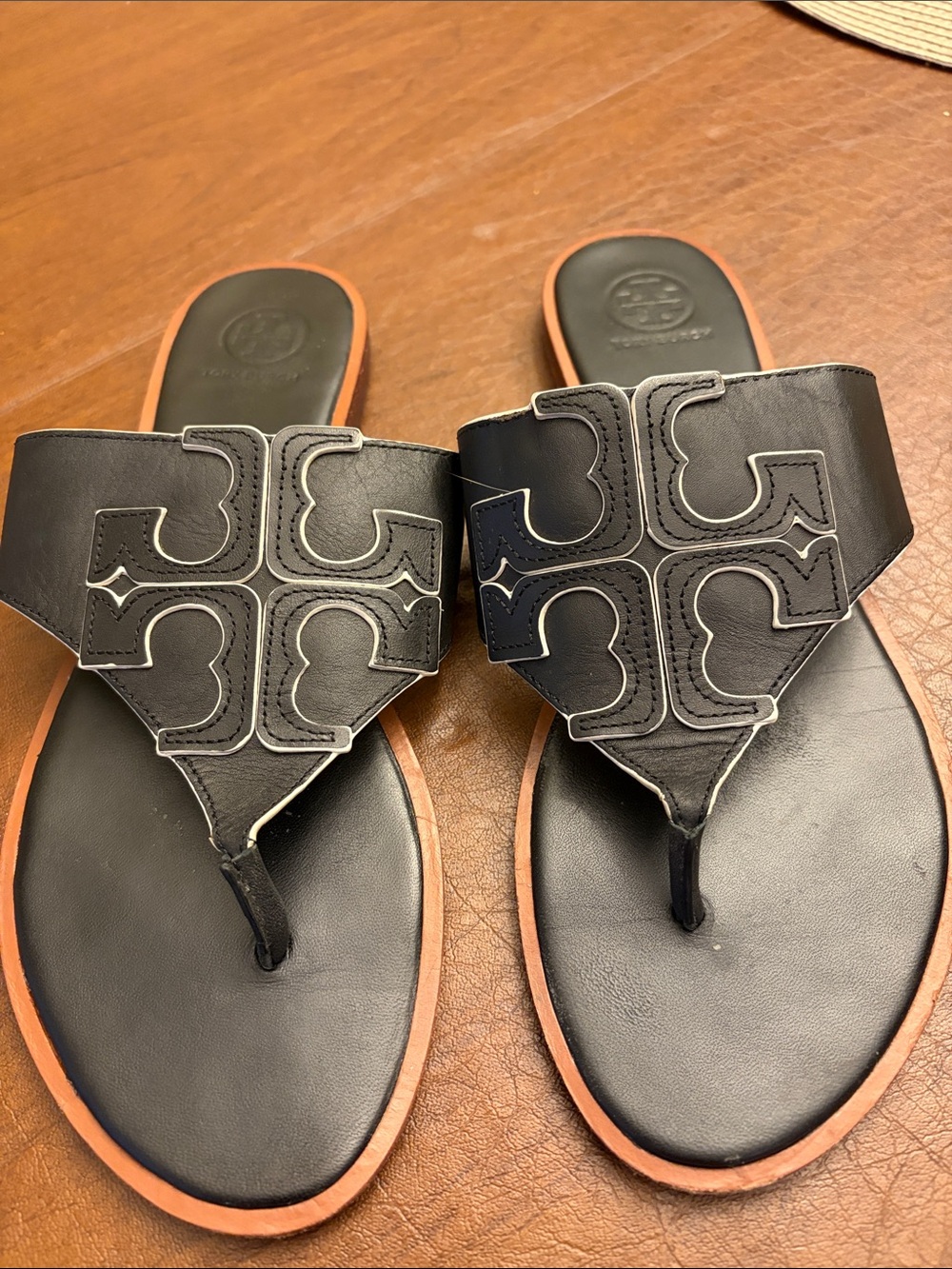 Tory Burch Black Leather Logo Thong Sandals with Tan Trim